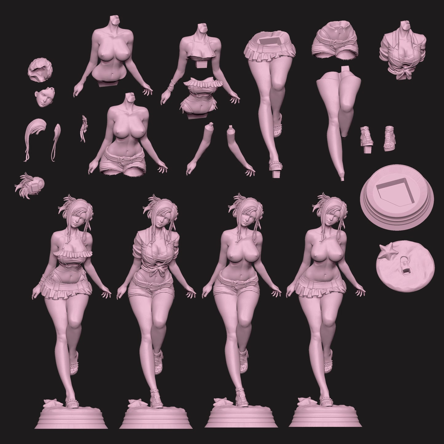 Tifa Lockhart – Outfit Variants: 3D sculpt showing multiple outfit styles for Tifa, including swimsuit and tied shirt options with modular parts and base.