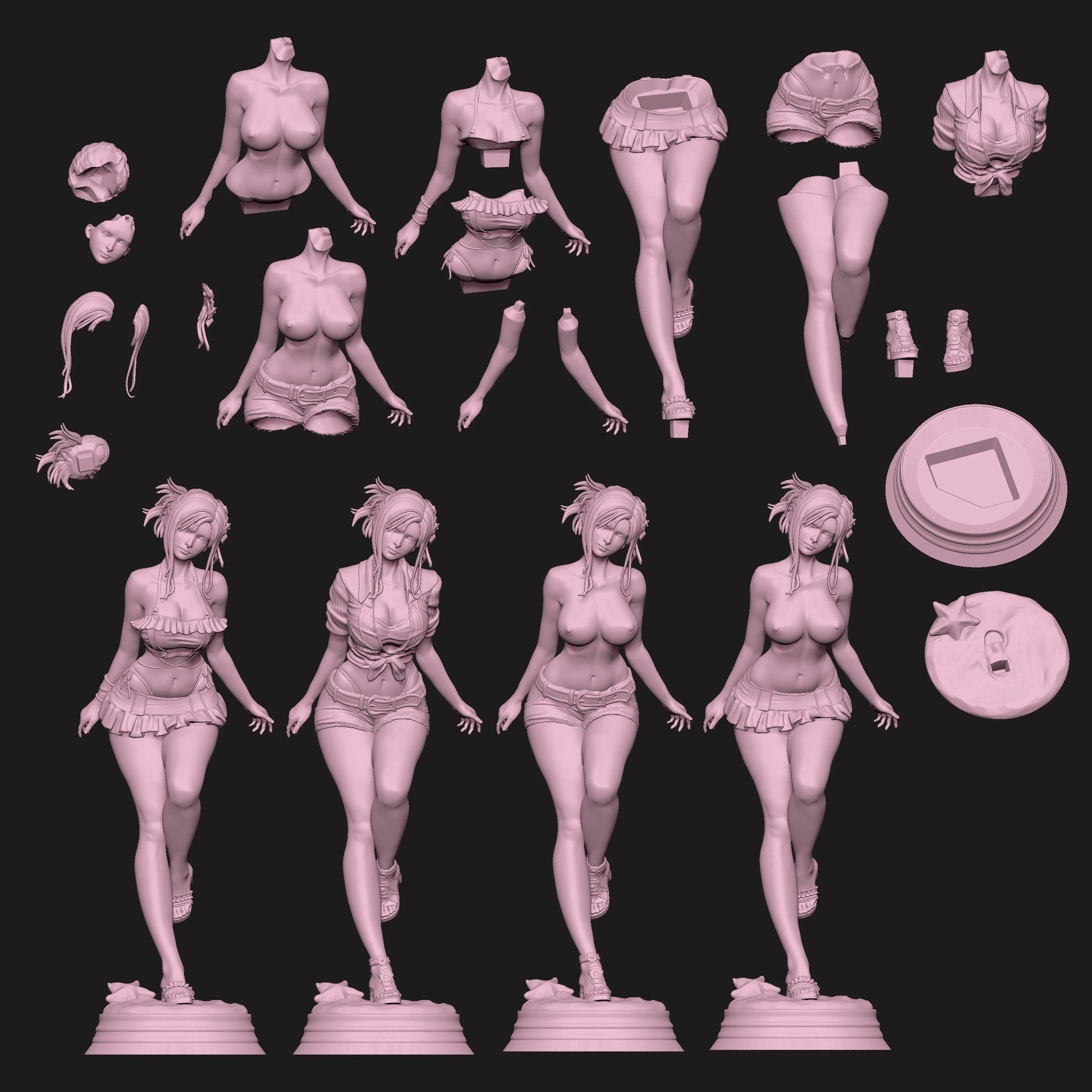 Tifa Lockhart – Outfit Variants: 3D sculpt showing multiple outfit styles for Tifa, including swimsuit and tied shirt options with modular parts and base.