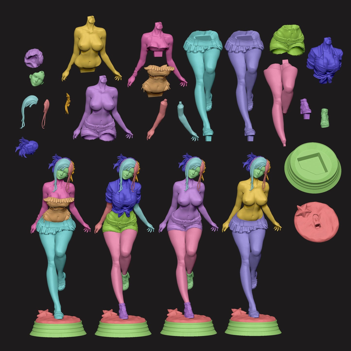 Tifa Lockhart – Modular Parts Breakdown: Colorized exploded model layout showing detachable limbs, outfit options, and base components.
