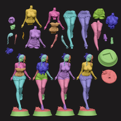 Tifa Lockhart – Modular Parts Breakdown: Colorized exploded model layout showing detachable limbs, outfit options, and base components.