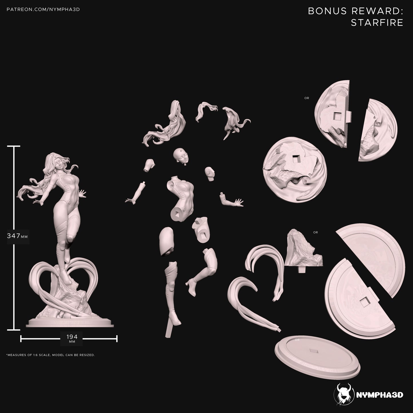Starfire 1:6 scale statue exploded parts layout showing head, body, limbs, hair pieces, base components, energy effects, and scale dimensions; Nympha3D Teen Titans figure.