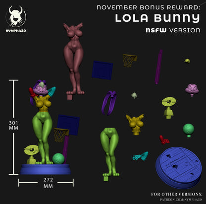 Lola Bunny 1:6 scale NSFW version parts layout including torso, legs, head, arms, basketball base, hoop, and accessories for assembly.