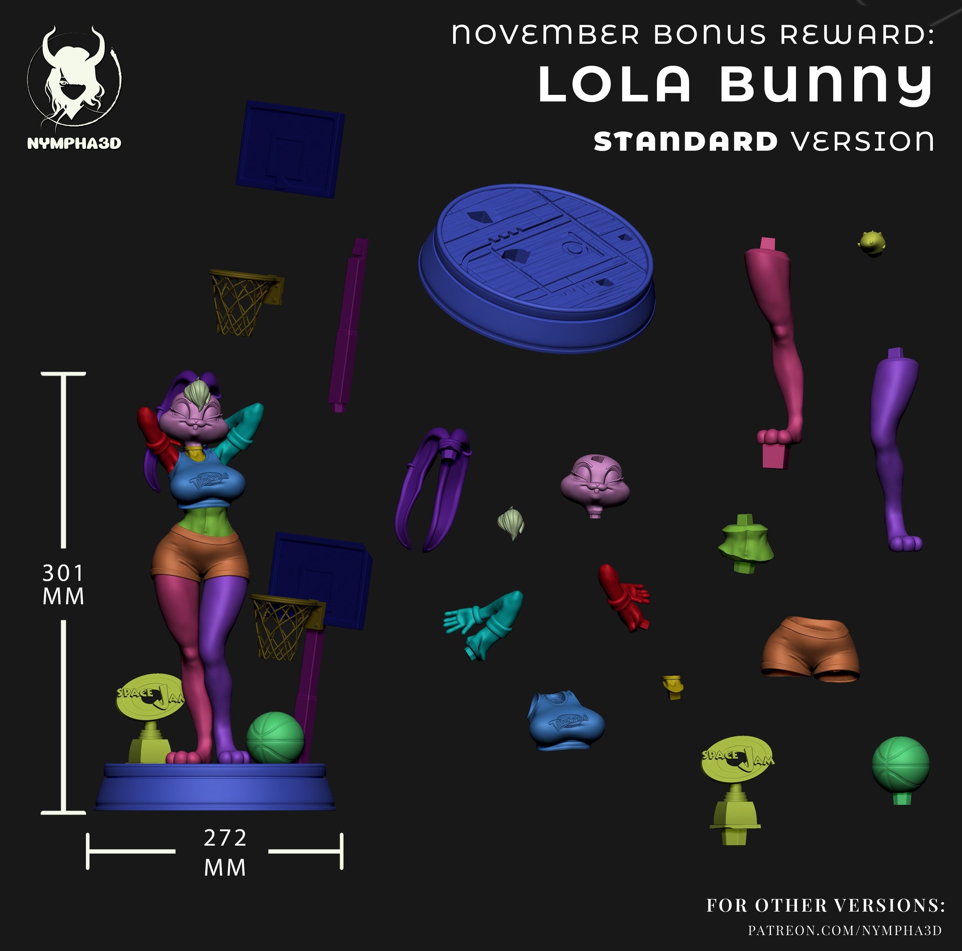 Lola Bunny 1:6 scale figure standard SFW parts layout showing torso, legs, arms, head, clothing, basketball hoop, base, basketball, and assembly components.