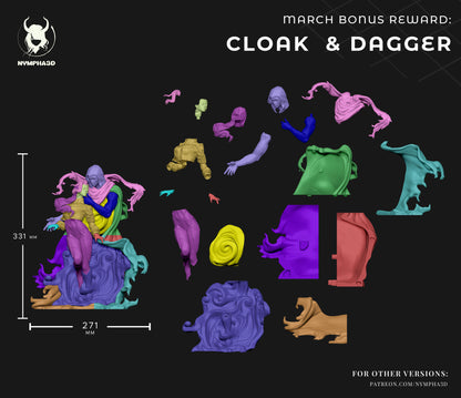 Cloak and Dagger parts layout separated components base cloak figures 3D print display