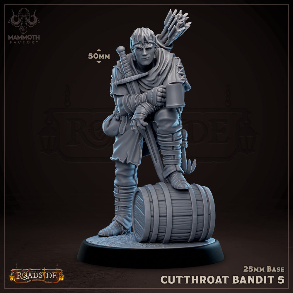 A bandit miniature resting on a barrel, holding a mug, and equipped with a sword and quiver.