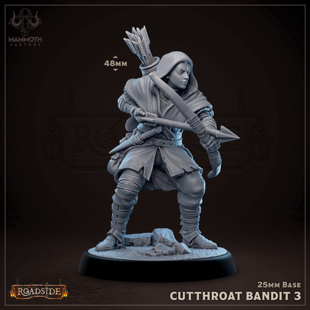 A hooded bandit miniature armed with a bow and arrow, crouching in a ready-to-attack position.