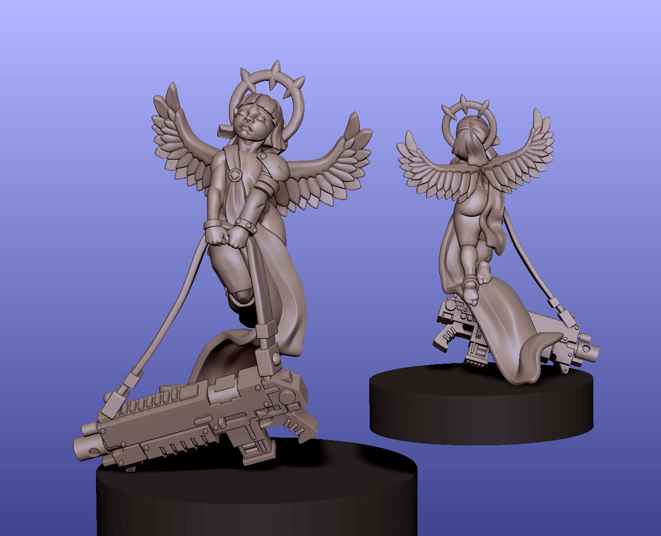 Cyber Cherub miniature with angelic wings, a halo, and a futuristic weapon, posed mid-flight with a serene expression and flowing robes.