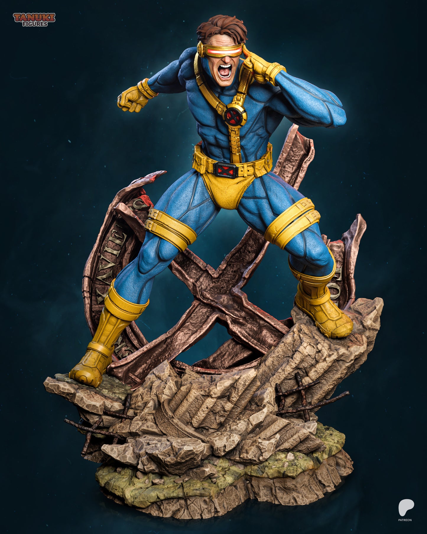 Cyclops Marvel Comics 1:6 scale figure in battle pose with visor glowing and rubble base