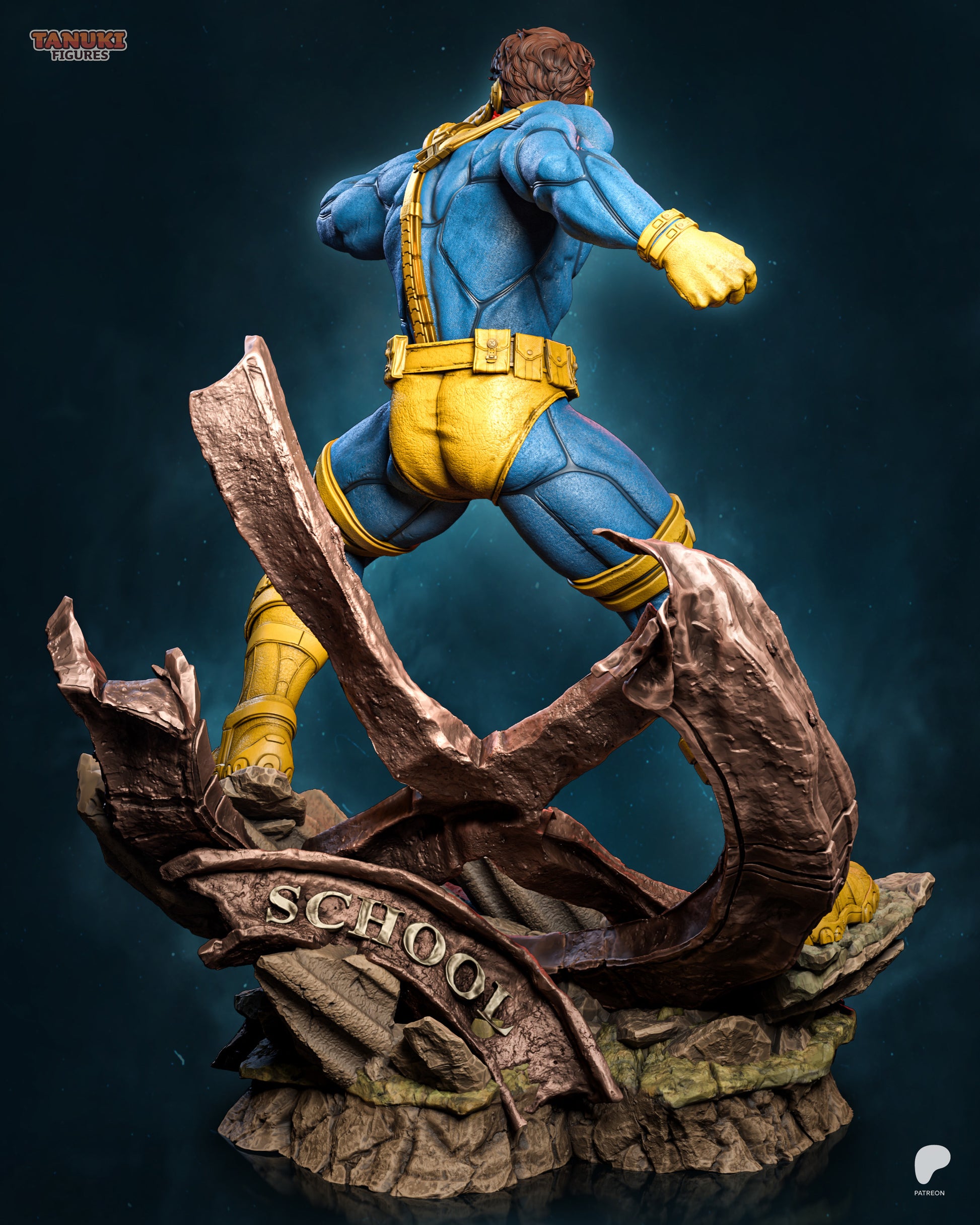 Back view of Cyclops Marvel statue showing detailed straps and ruined base design