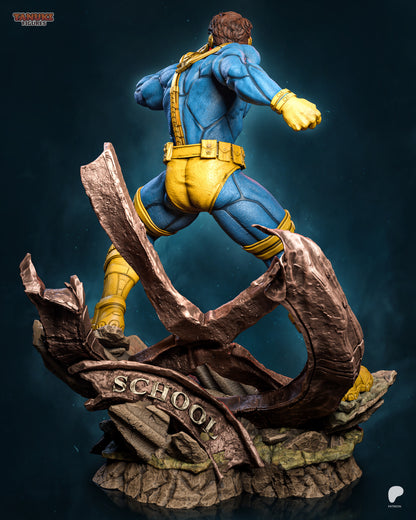 Back view of Cyclops Marvel statue showing detailed straps and ruined base design