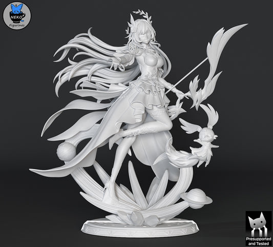 Cyrene Honkai Star Rail 1:7 scale figure front view with flowing hair, staff, celestial base, orbit rings, and companion creature.