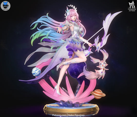 Cyrene Honkai Star Rail painted figure with orbit base, staff, hair flowing outward, and small creature companion, 1:7 scale collectible.