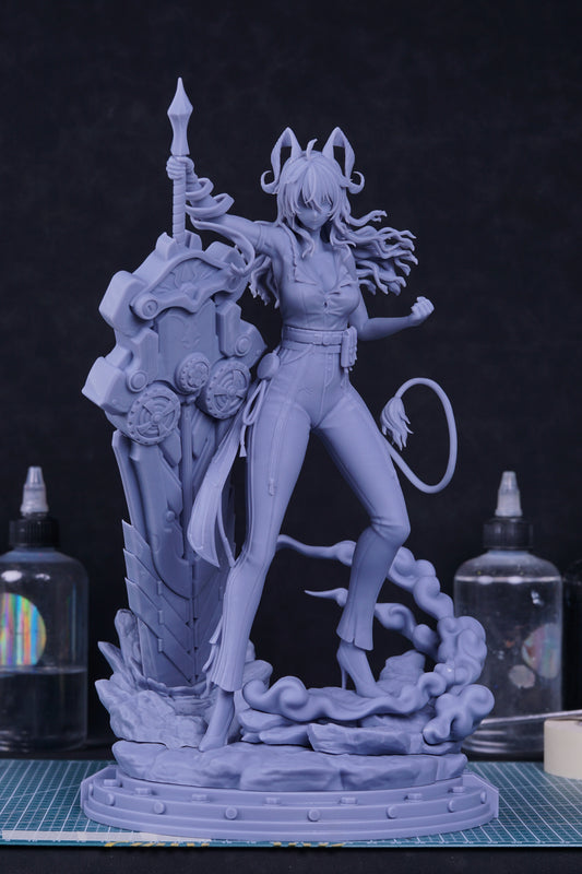 Front view of gray resin Zani statue on base, wielding giant sword and standing amidst swirling smoke effects.