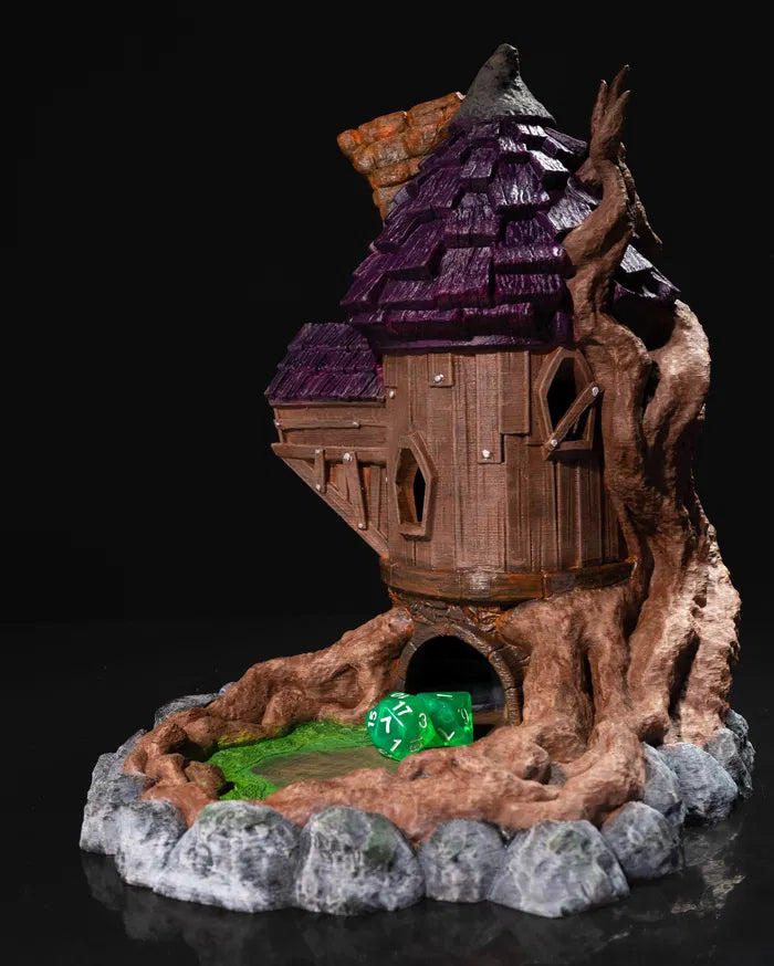 Front view of the Wizard Dice Tower with a dice exit at the base of the tree roots and a D20 die displayed.