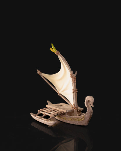 A wooden outrigger canoe miniature with a sail, ideal for tabletop role-playing games like Dungeons & Dragons.