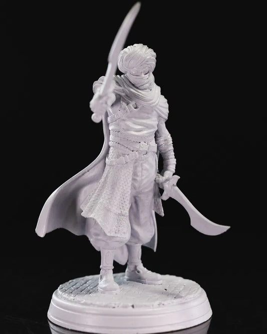 Bahram, a warrior holding twin curved swords, wearing a cloak and intricate armor, standing in a battle-ready stance.