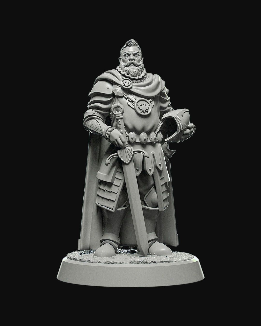 Daario, The Guard Captain, a bearded warrior wearing heavy armor and a cape, holding a sword in one hand and a helmet in the other, suitable for fantasy tabletop RPG games like Dungeons & Dragons and Pathfinder.