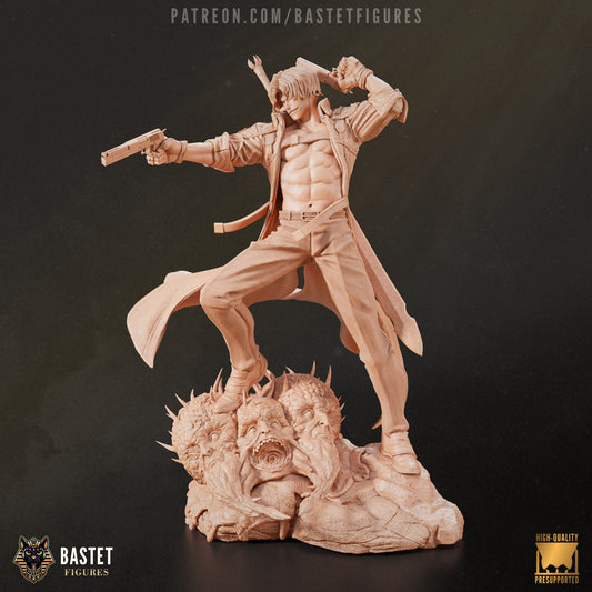 1:8 scale bust featuring Dante from Devil May Cry in a dynamic pose, wearing his signature jacket with one pistol aimed and another resting over his shoulder.