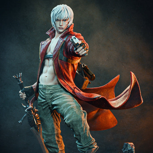 Close-up of Dante statue aiming pistol, showing sculpted details of his coat, hair, and confident expression.