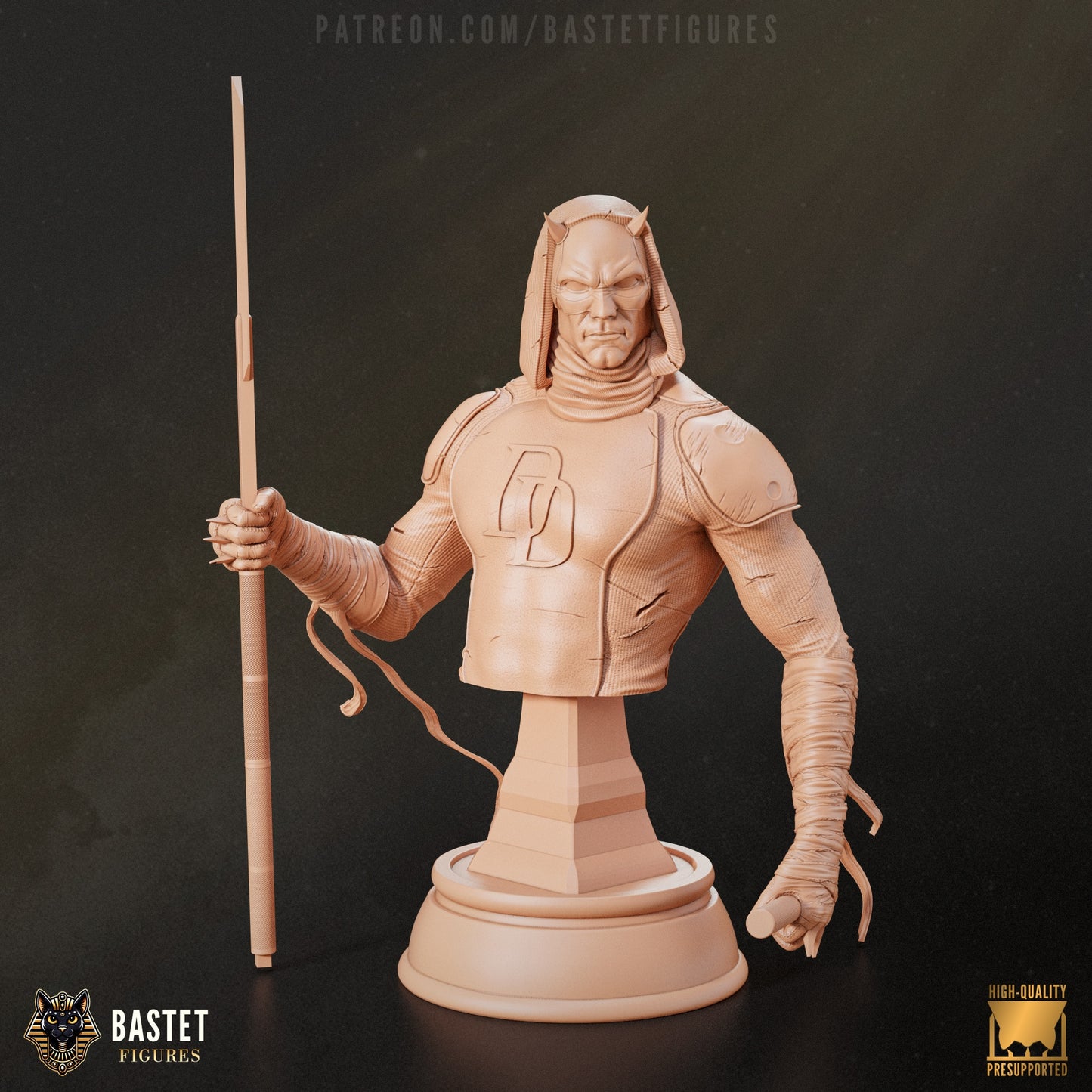  Color-coded pieces of Daredevil bust with staff, torso, arms, and base separated.