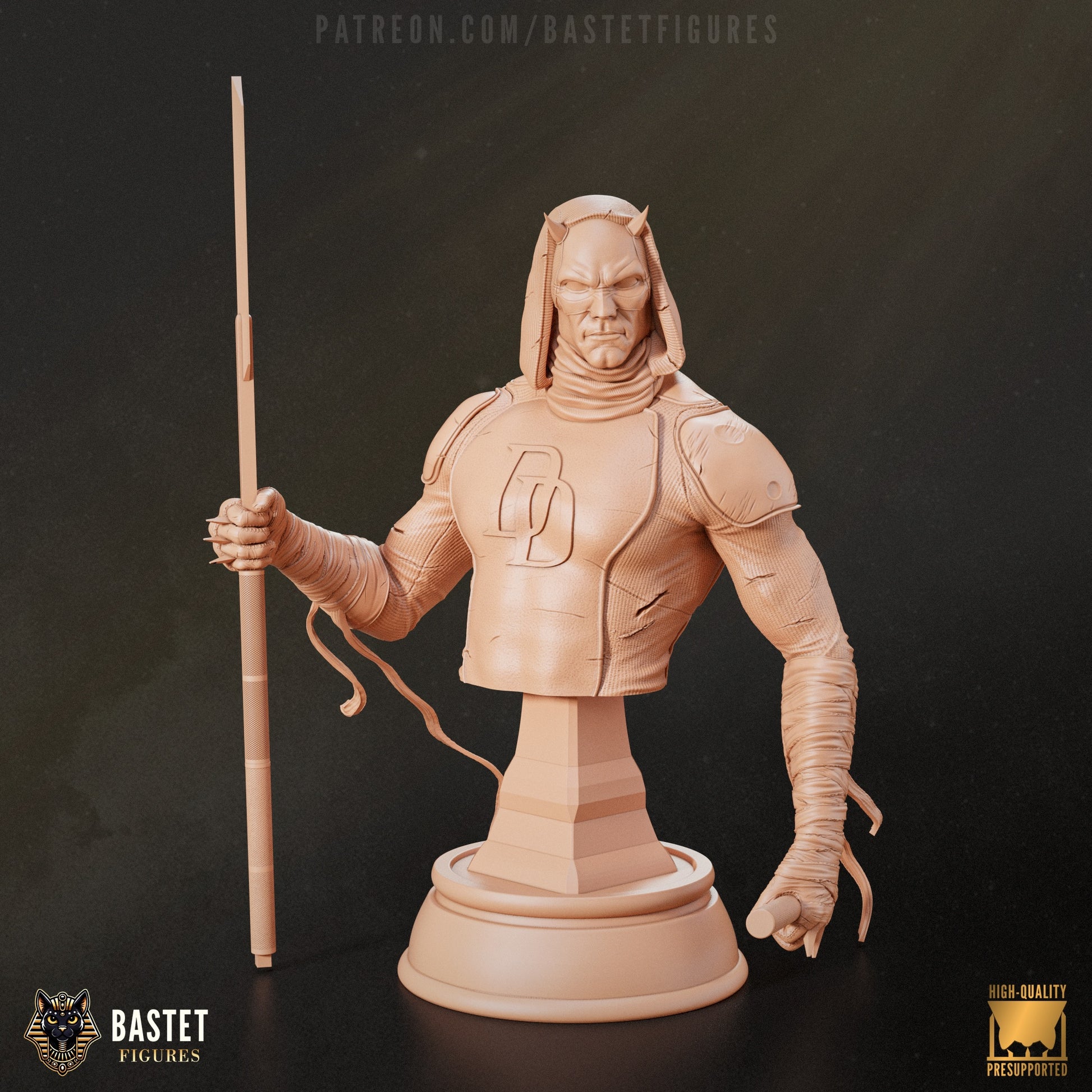  Color-coded pieces of Daredevil bust with staff, torso, arms, and base separated.