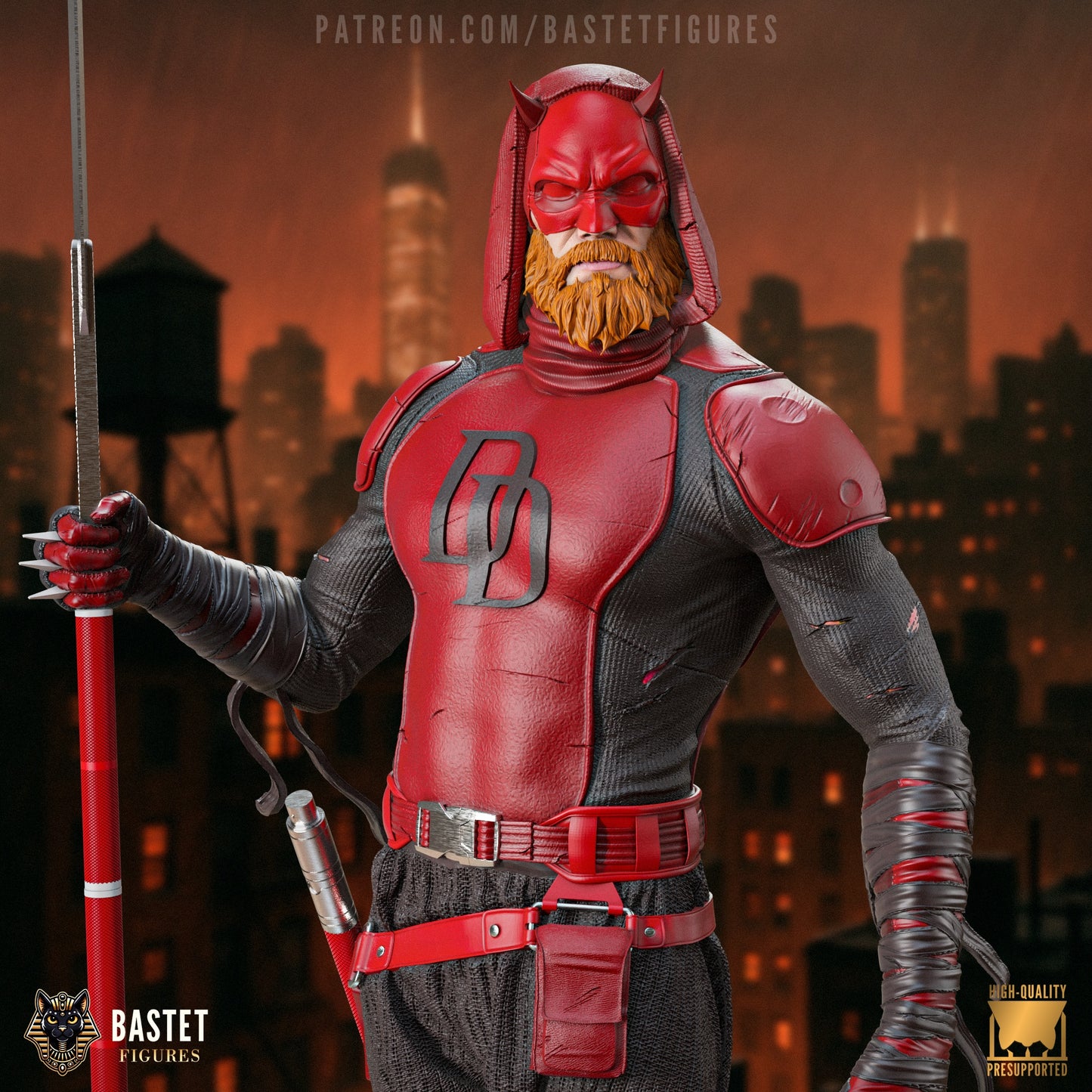 Close-up of red-bearded Daredevil in full costume, mask, and red armor.