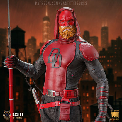 Close-up of red-bearded Daredevil in full costume, mask, and red armor.