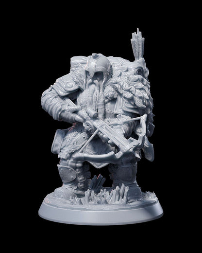 A male Dwarf Ranger miniature, heavily armored with a detailed helmet and fur cloak. He is posed aiming a crossbow, with a quiver full of arrows on his back and his feet planted on a rocky, crystal-laden terrain, showcasing his readiness for a fight.