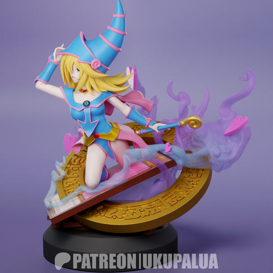 dark magician girl yu gi oh 1-7 scale figure full color render posed on magical base with spell staff flowing energy effects anime collectible statue