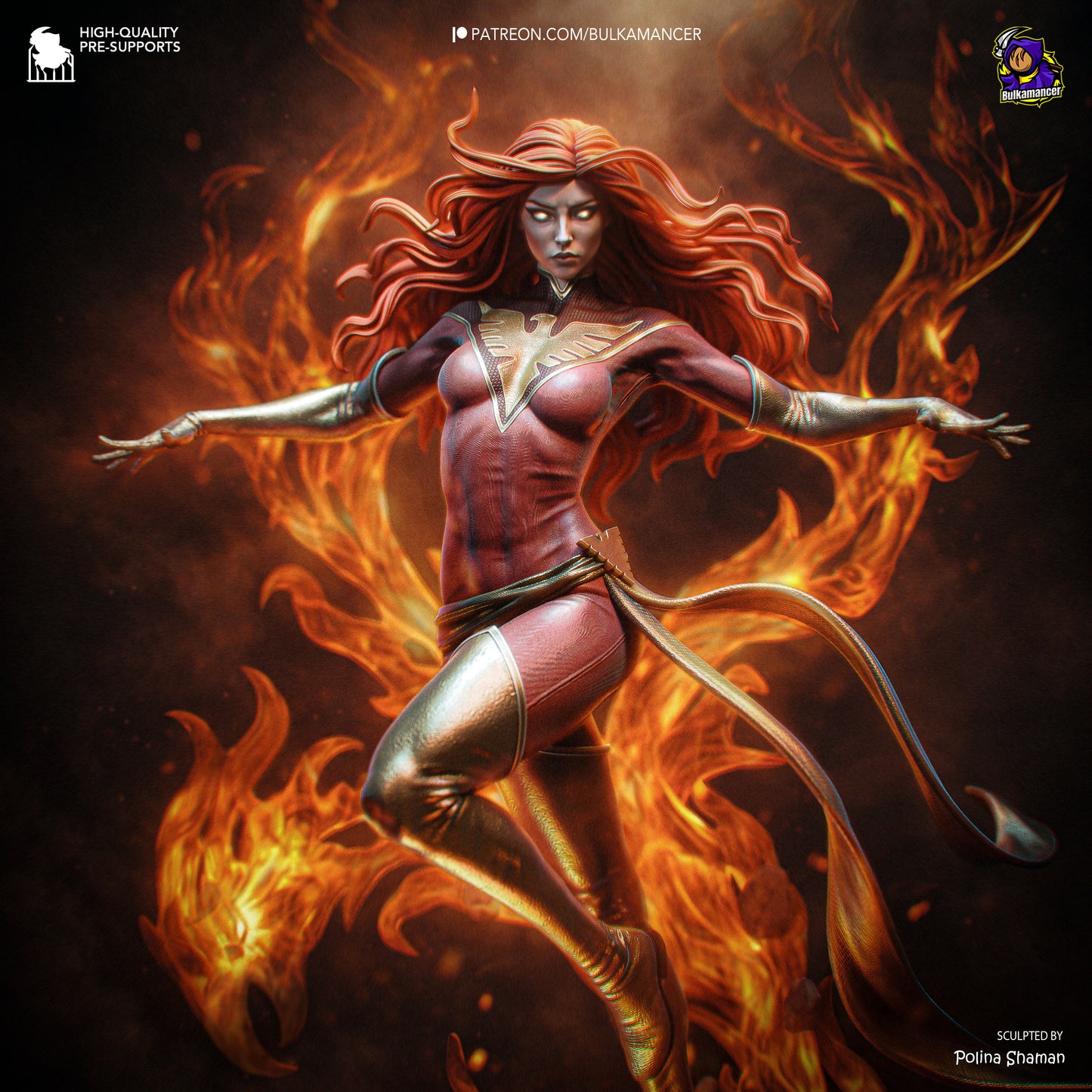 Dark Phoenix collectible statue front view with Jean Grey floating pose and phoenix flame effects