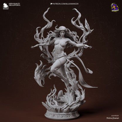 Dark Phoenix unpainted grey resin statue front view showing sculpted flames and dynamic pose