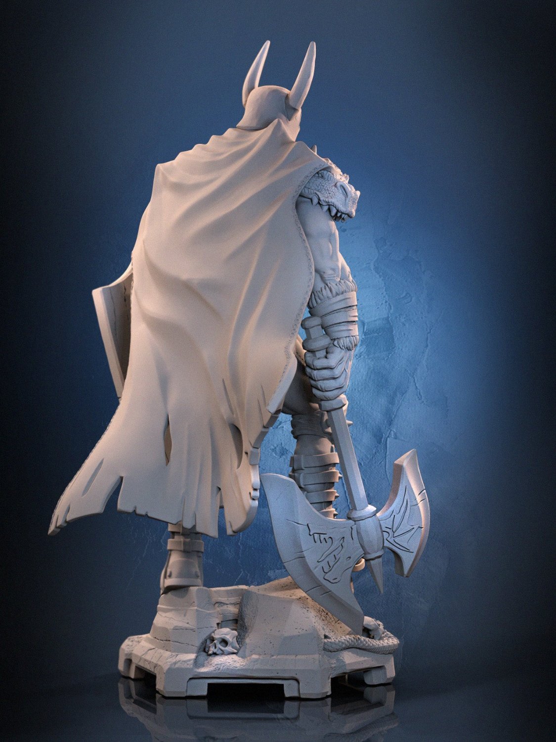 Back view of the Naga Inferno warrior figurine, showcasing the cape flowing behind and the axe resting by his side.