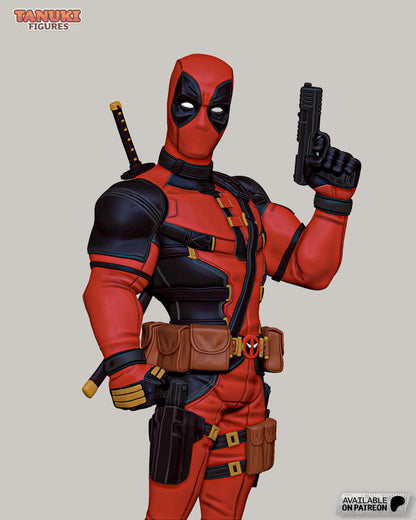 A stylized Cartoon Deadpool figure from Marvel Comics, posed with a pistol in hand and a katana strapped to his back, wearing his iconic red and black suit with pouches and harnesses.