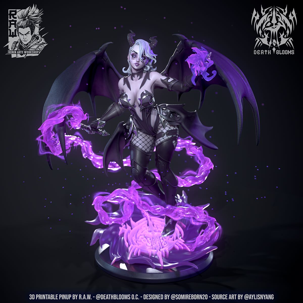 Full-body view of a succubus-like female figure, with bat wings and horns, surrounded by swirling purple magic, standing confidently on a decorative base.