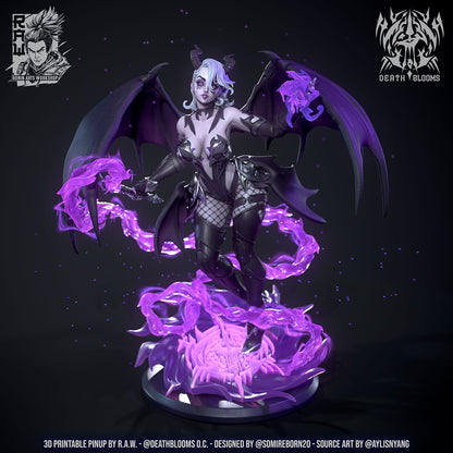 Full-body view of a succubus-like female figure, with bat wings and horns, surrounded by swirling purple magic, standing confidently on a decorative base.