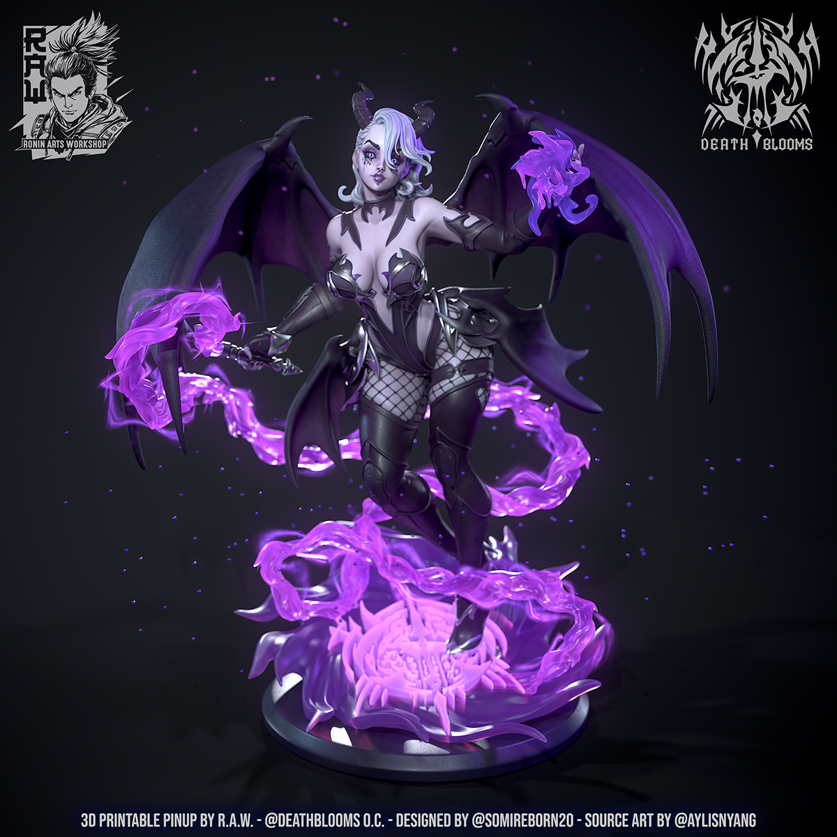 Full-body view of a succubus-like female figure, with bat wings and horns, surrounded by swirling purple magic, standing confidently on a decorative base.