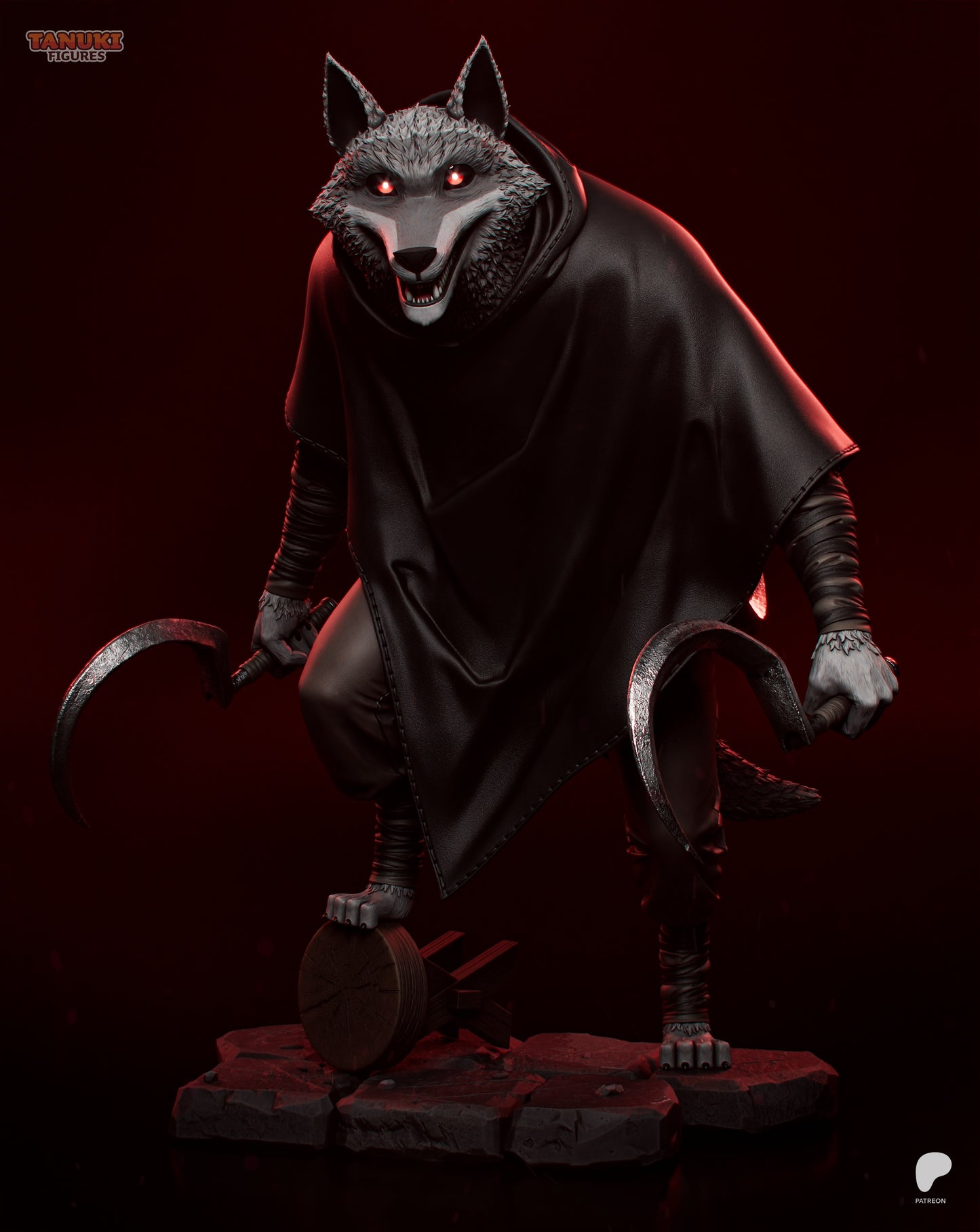 Death Puss in Boots wolf figure front view with hooded cloak, glowing eyes, and twin sickles in combat stance