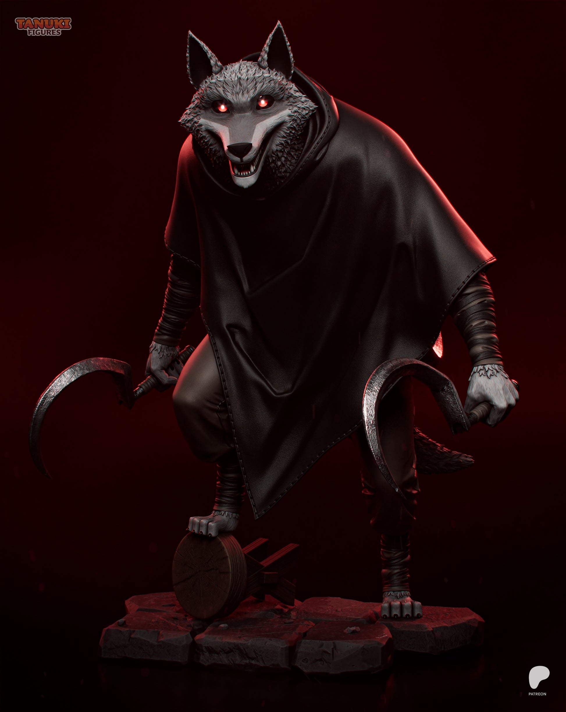 Death Puss in Boots wolf figure front view with hooded cloak, glowing eyes, and twin sickles in combat stance
