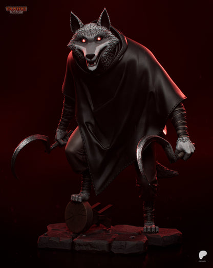 Death Puss in Boots wolf figure front view with hooded cloak, glowing eyes, and twin sickles in combat stance