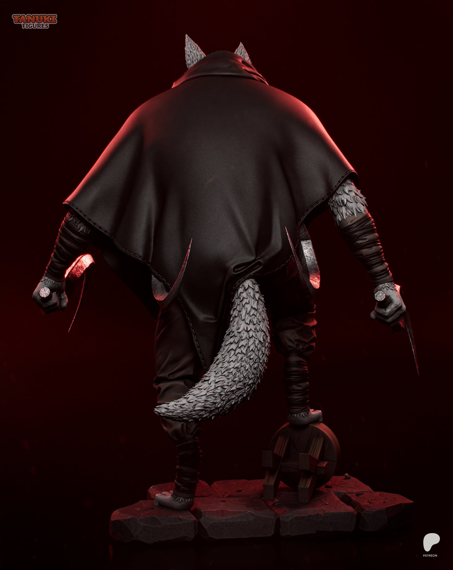 Death Puss in Boots wolf figure back view showing flowing cloak, tail, and cracked stone base