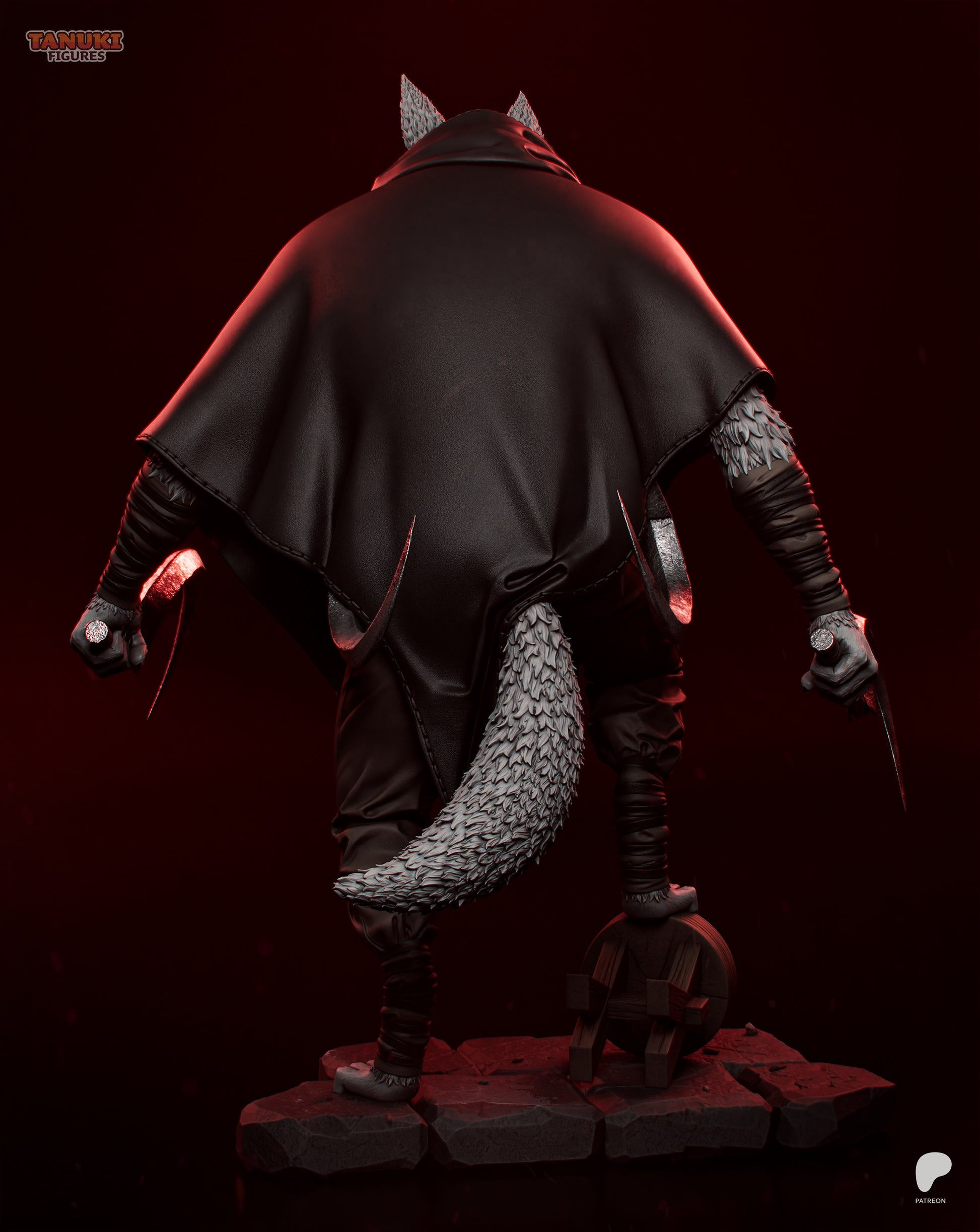 Death Puss in Boots wolf figure back view showing flowing cloak, tail, and cracked stone base