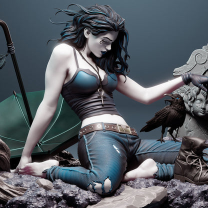 Close-up of Death from Sandman showcasing her melancholic expression, ankh necklace, and tousled black hair, with intricate details of her gravestone and crow companion.