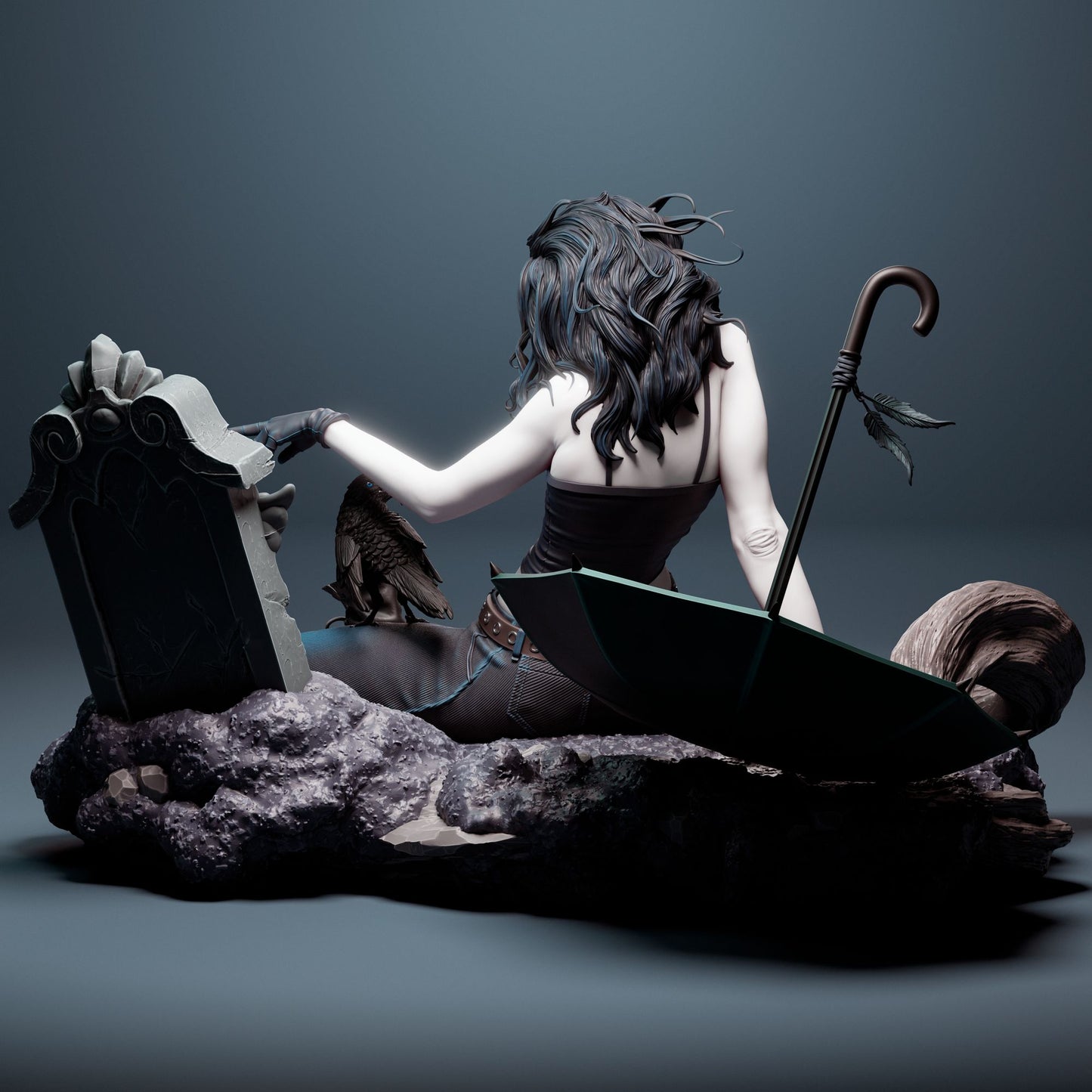 Rear view of Death from Sandman, revealing the intricate sculpting of her gravestone, umbrella, and flowing hair as she sits on a textured rocky base.