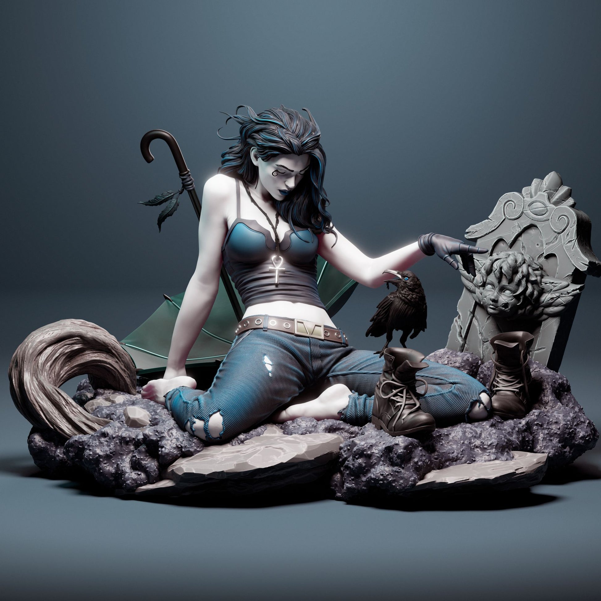 Full view of Death figurine seated gracefully with her crow, gravestone, and an umbrella, capturing the essence of her ethereal yet approachable presence from the Sandman series.