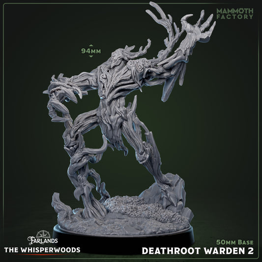 Deathroot Warden 2 – Forest monster miniature with twisted limbs and snarling wooden maw, 94mm tall on 50mm base.
