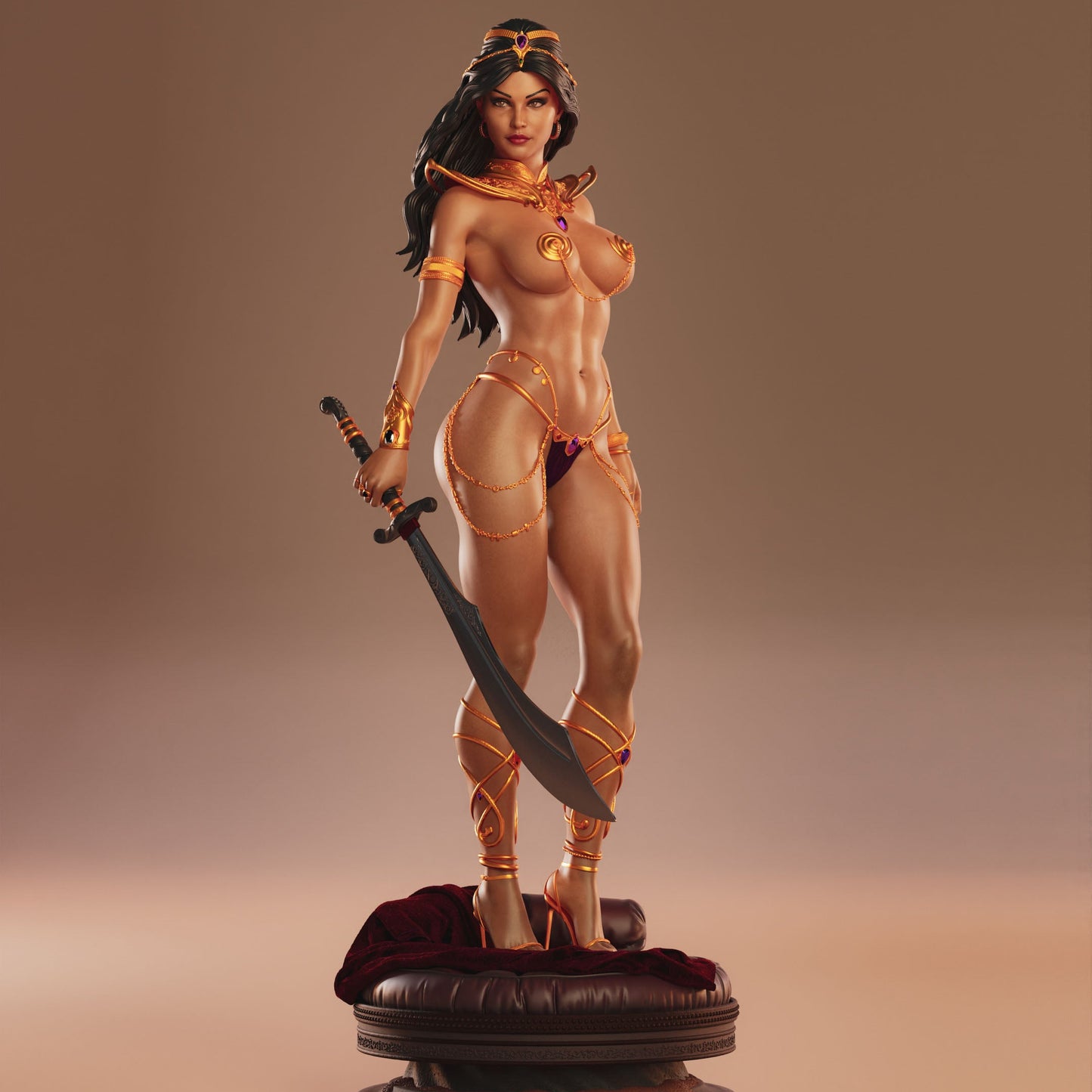 Alt: Dejah Thoris 1:4 scale figure front view holding a curved sword, wearing jeweled Martian adornments and standing on a cushion base.
