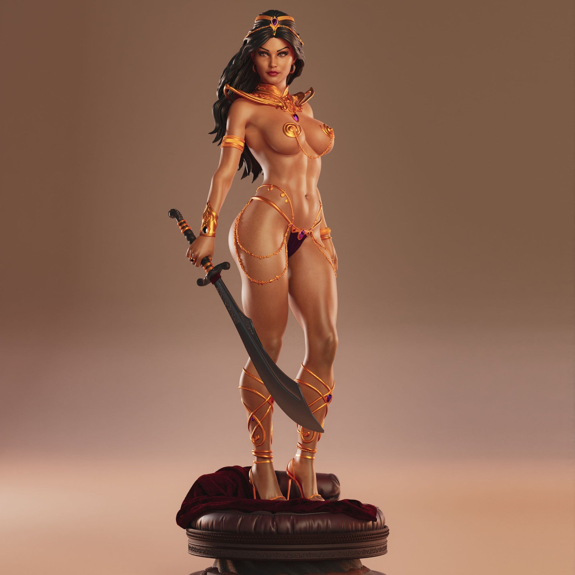 Alt: Dejah Thoris 1:4 scale figure front view holding a curved sword, wearing jeweled Martian adornments and standing on a cushion base.