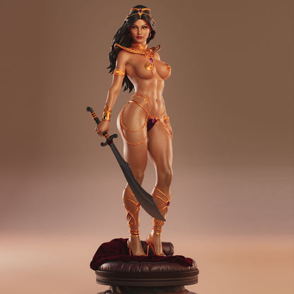 Alt: Dejah Thoris 1:4 scale figure front view holding a curved sword, wearing jeweled Martian adornments and standing on a cushion base.