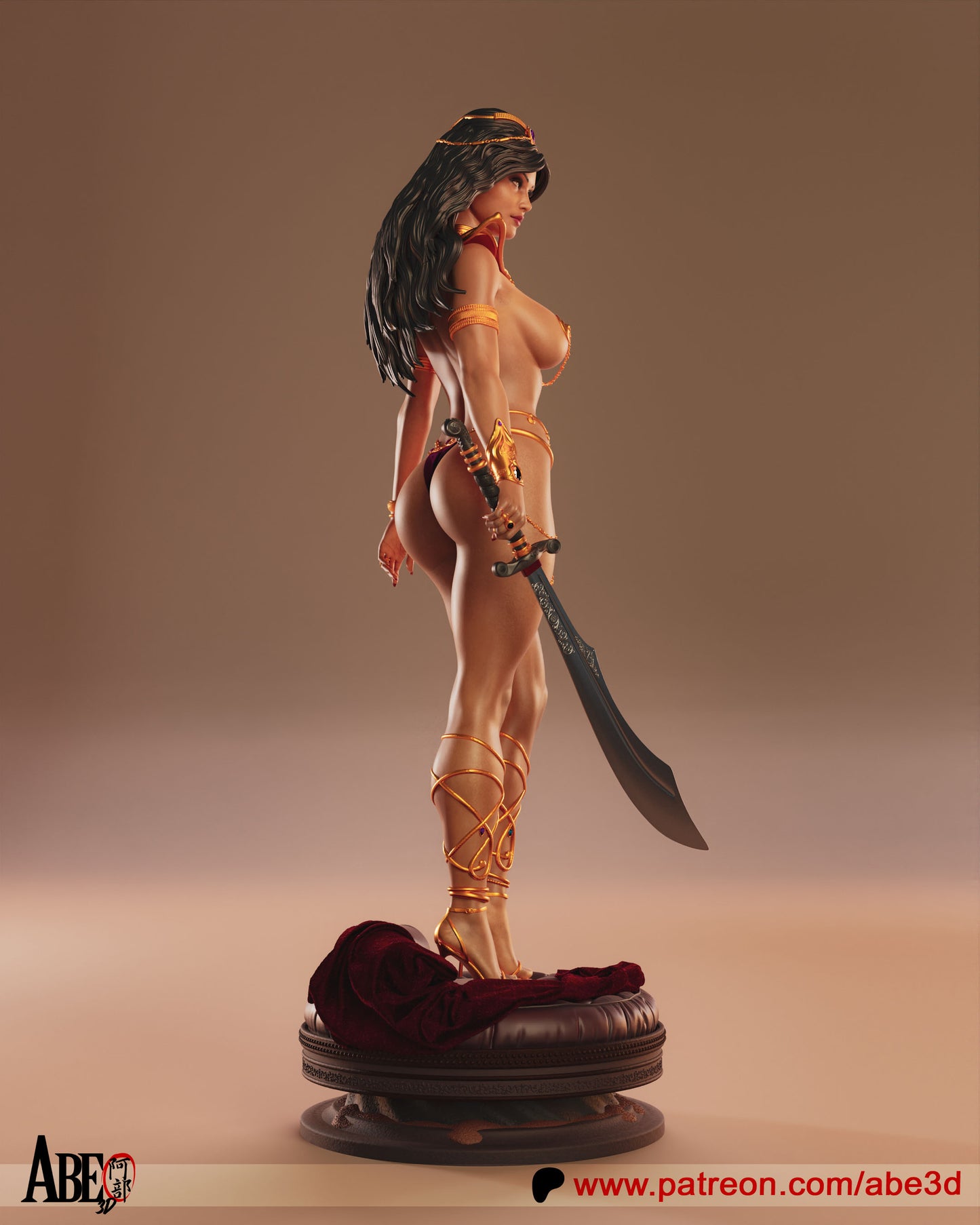 Alt: Dejah Thoris 1:4 scale figure side view with curved sword lowered, detailed leg wraps, jewelry, and cushion base.
