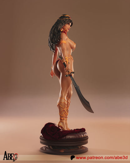 Alt: Dejah Thoris 1:4 scale figure side view with curved sword lowered, detailed leg wraps, jewelry, and cushion base.
